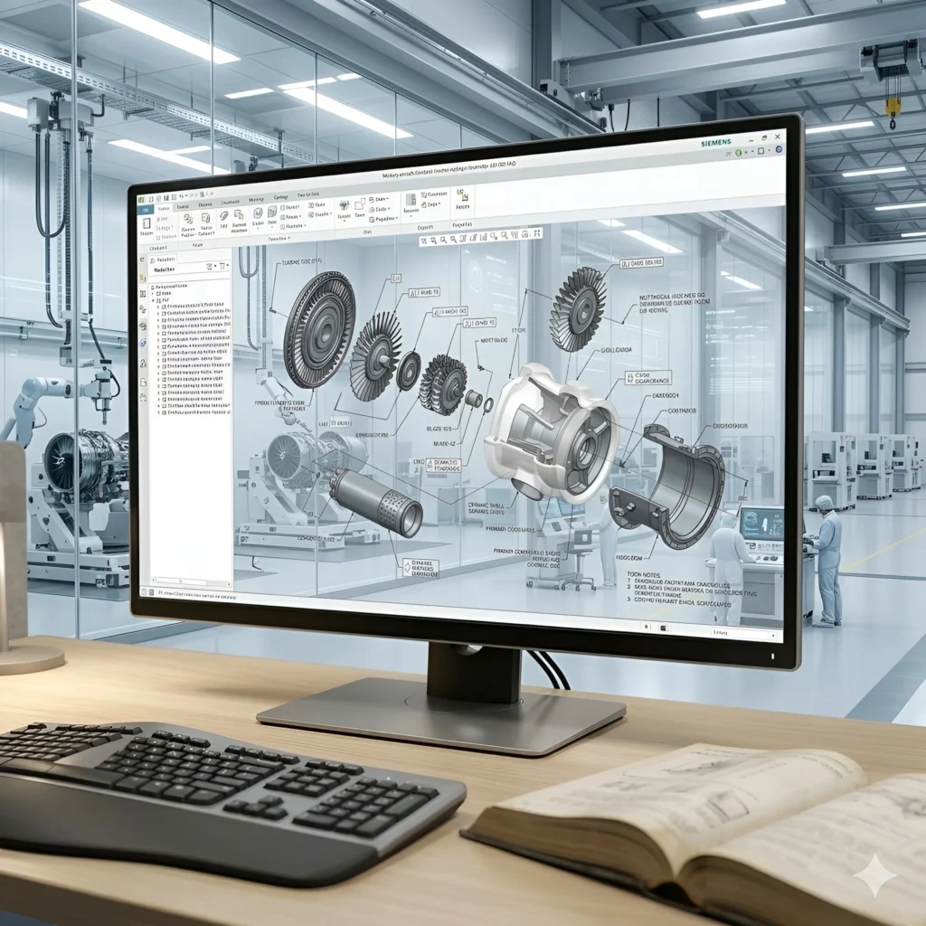 Image of CAD software showing military aircraft part designs.