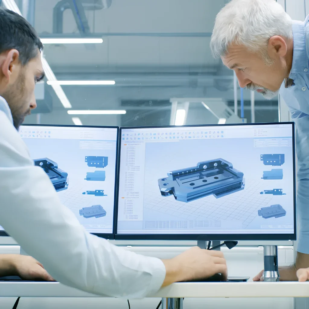 Image of an engineer comparing prototype casting with a CAD design for validation.