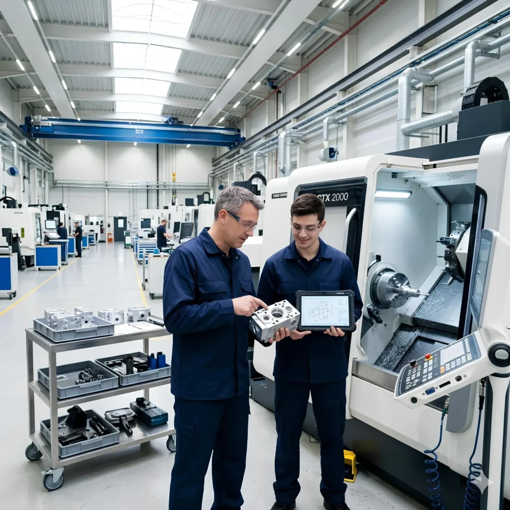 Image of engineers performing quality control on an aerospace hydraulic assembly.